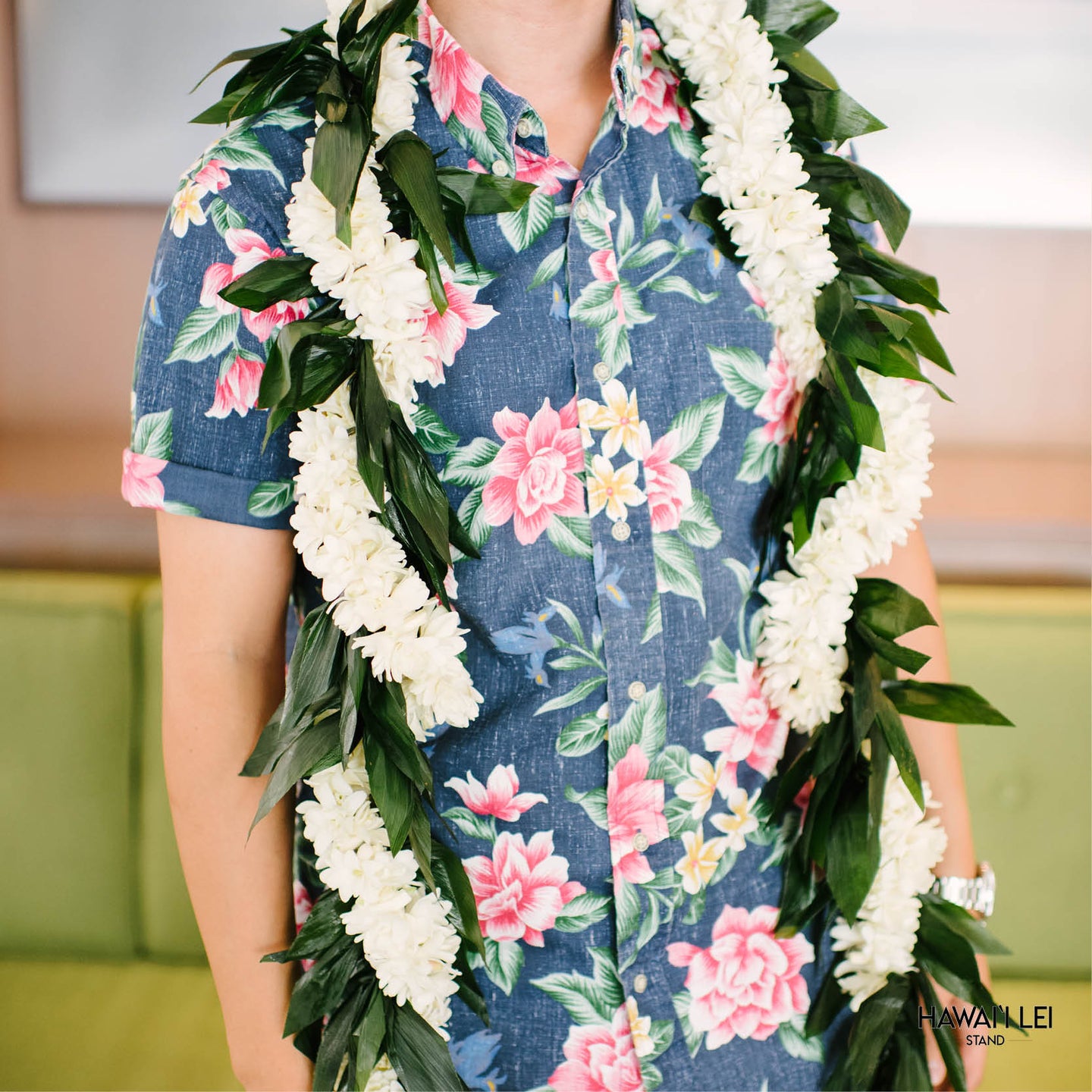 Double Ti Leaf Maile-Style Lei With Double Tuberose