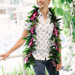 Double Ti Leaf Maile-Style Lei With Orchid (Purple)